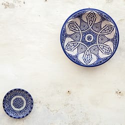 two white-and-blue ceramic dinnerware